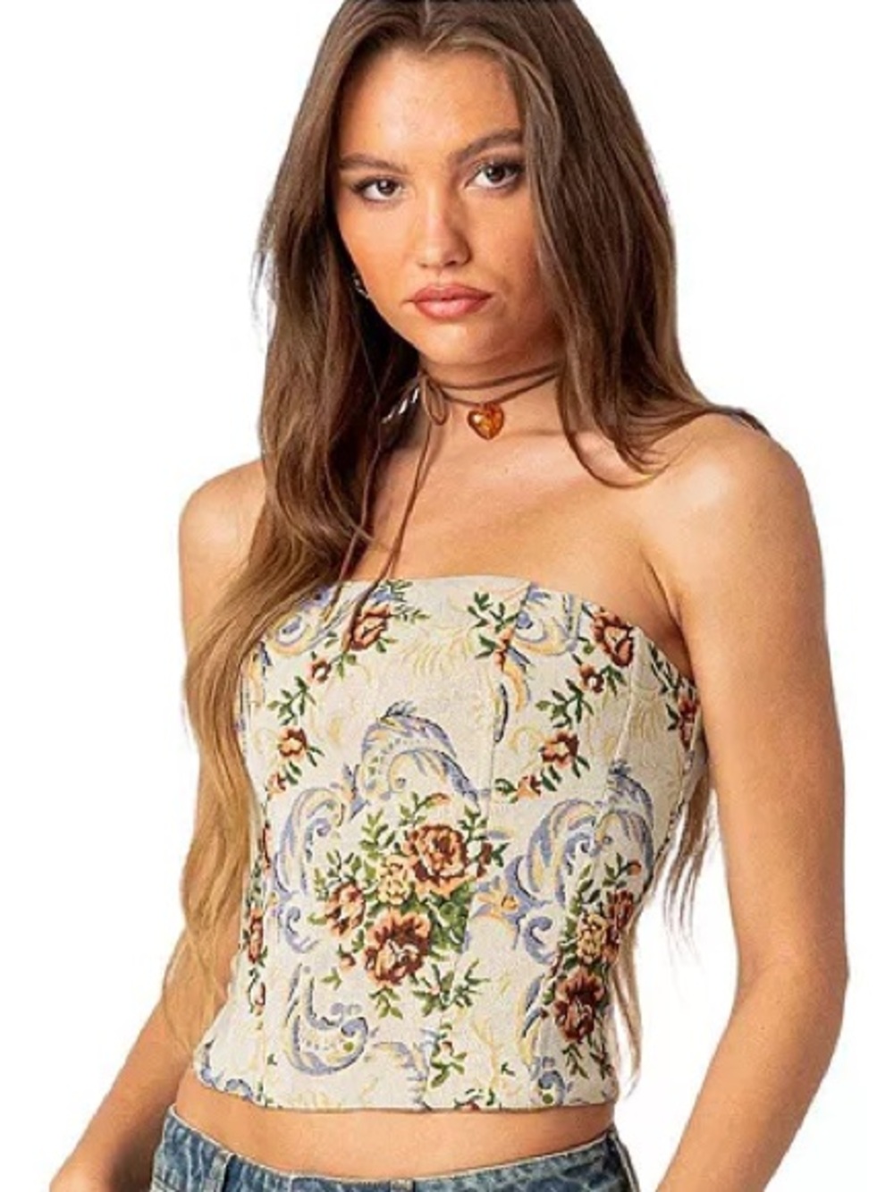 Floral Strapless Tapestry Corset Top in Cream